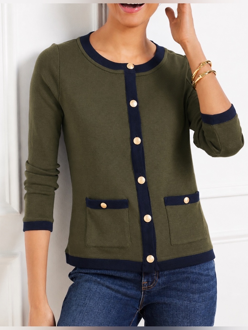 Olive Green and Navy Gold Button Preppy Cardigan Talbots Petite M